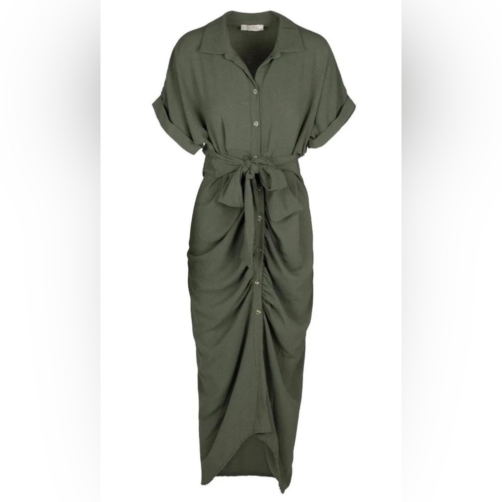 DKNY Olive Green Button-Front Midi Dress with Tie Waist